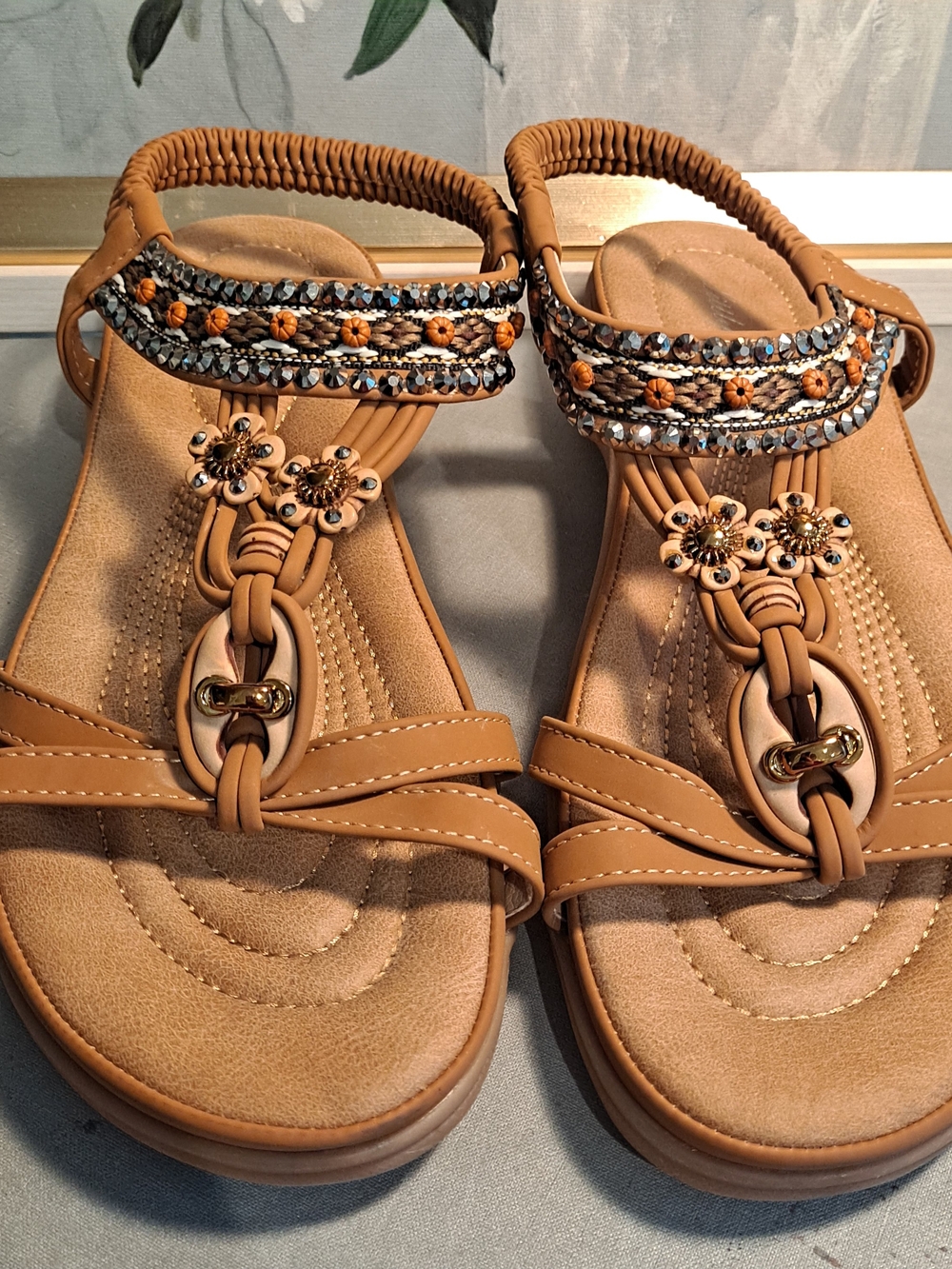 Littleplum Tan Embellished Bohemian Strappy Flat Comfortable Summer Sandals